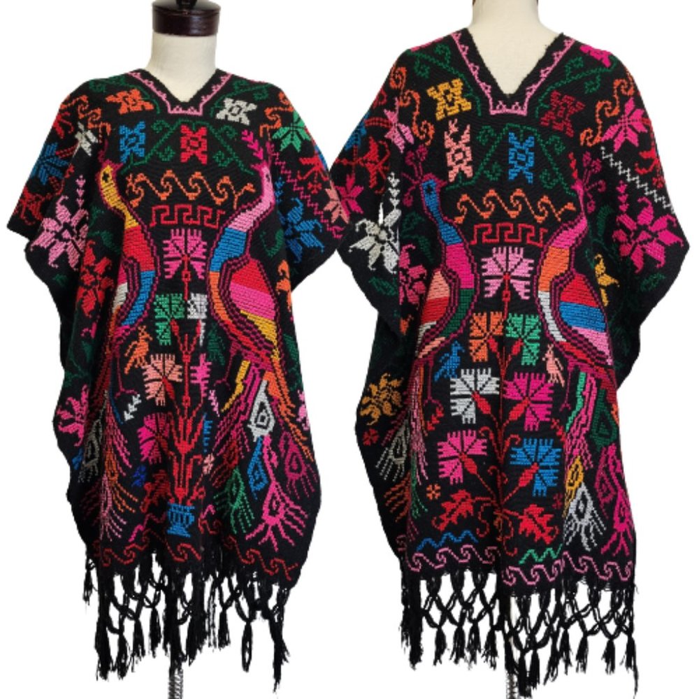 Vtg Handmade Mexican Colorful Embroidered Cross Stitch Peacock Poncho One Size